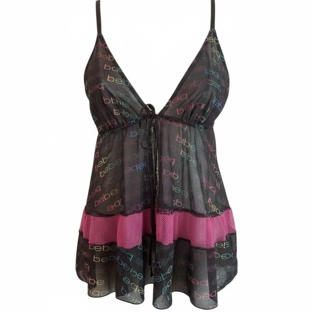Bebe Y2K Sheer Mesh Babydoll Top Womens Size 2XL  Blac Lingerie Cyber 90s Style